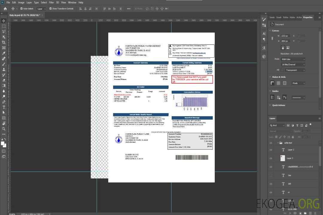 États-Unis Illinois North Park Public Water District IL modèle de facture de services publics aux formats Word et PDF template